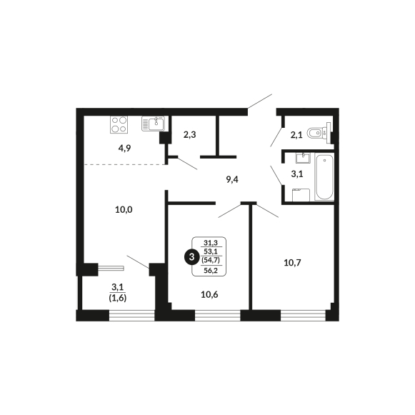 3-комнатная, 54.7 м², жилая: 31.3 м², кухня: 4.9 м²